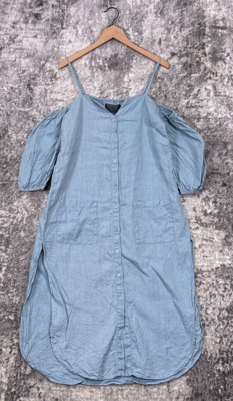 Reformation Dress Medium Womens Blue Linen Cold Shoulder Button Front Midi